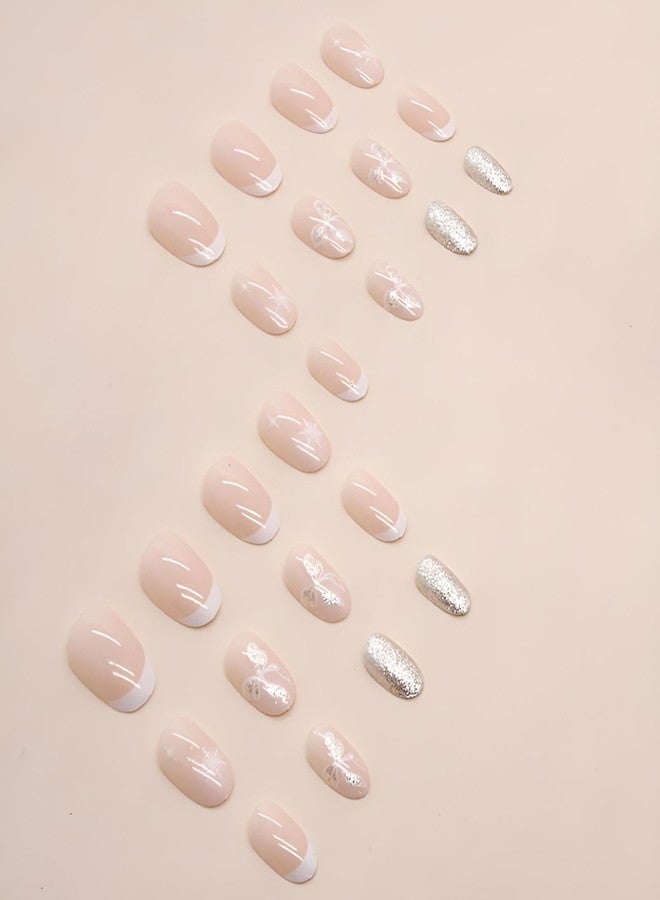 winthrop Christmas Press On Nails Short Medium Almond Fake Nails, French Snowflake Bow Glitter Acrylic Full Cover False Nails Set, Natural Perfectly Reusable Stick On Nails Suitable for Women Girls - Image 4